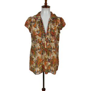 Appareline Silk Bright Floral Top Abstract Print Cap Sleeve Medium